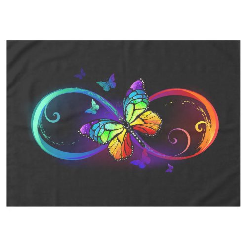 Vibrant infinity with rainbow butterfly on black tablecloth