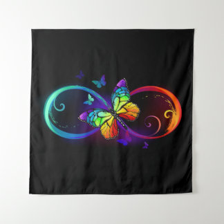 Vibrant infinity with rainbow butterfly on black tapestry