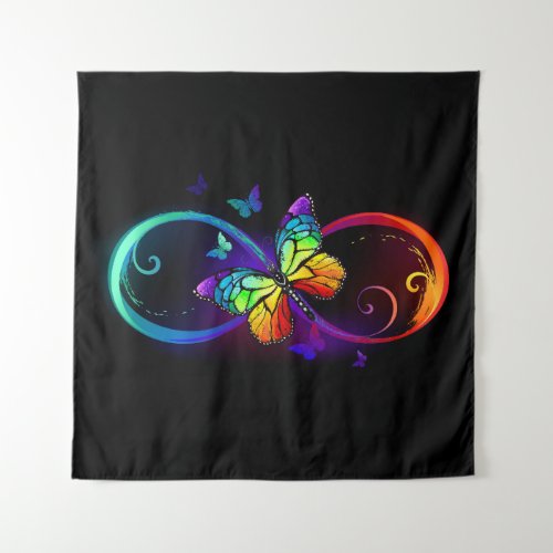 Vibrant infinity with rainbow butterfly on black tapestry