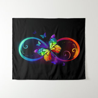 Vibrant infinity with rainbow butterfly on black tapestry