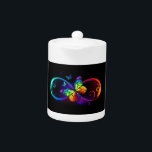 Vibrant infinity with rainbow butterfly on black teapot<br><div class="desc">Multicolor,  bright,  symbol of infinity with rainbow,  detailed butterfly monarch. Rainbow butterfly. Rainbow infinity.</div>