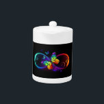 Vibrant infinity with rainbow butterfly on black teapot<br><div class="desc">Multicolor,  bright,  symbol of infinity with rainbow,  detailed butterfly monarch. Rainbow butterfly. Rainbow infinity.</div>