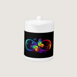 Vibrant infinity with rainbow butterfly on black teapot