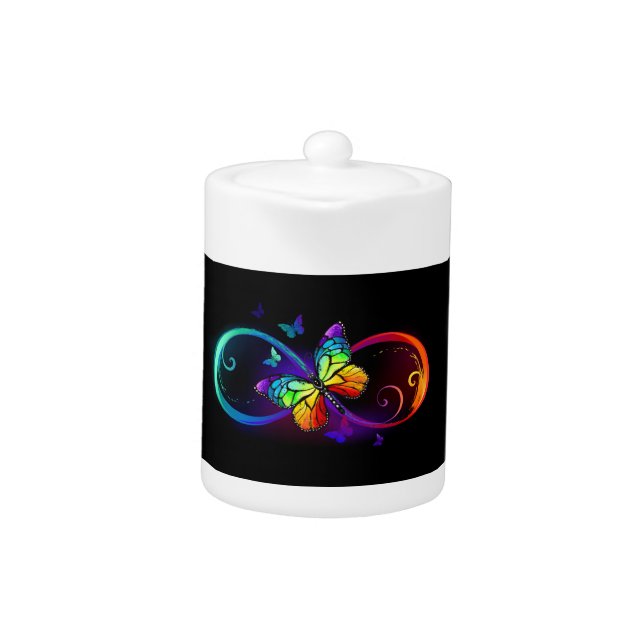 Vibrant infinity with rainbow butterfly on black teapot (Front)