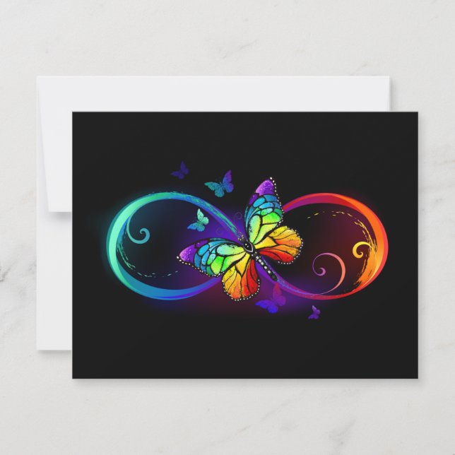 Vibrant infinity with rainbow butterfly on black  thank you card (Front)