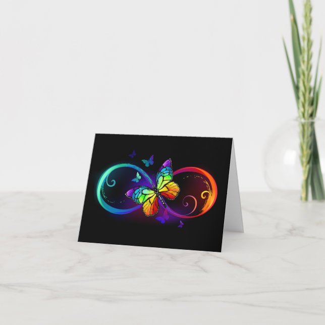 Vibrant infinity with rainbow butterfly on black thank you card (Front)