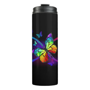 Vibrant infinity with rainbow butterfly on black thermal tumbler