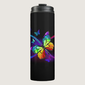Vibrant infinity with rainbow butterfly on black  thermal tumbler