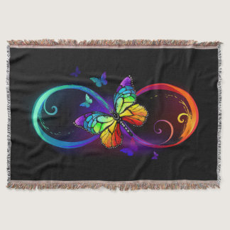 Vibrant infinity with rainbow butterfly on black throw blanket