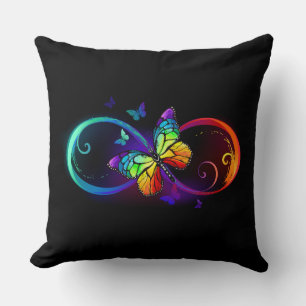 Vibrant infinity with rainbow butterfly on black throw pillow