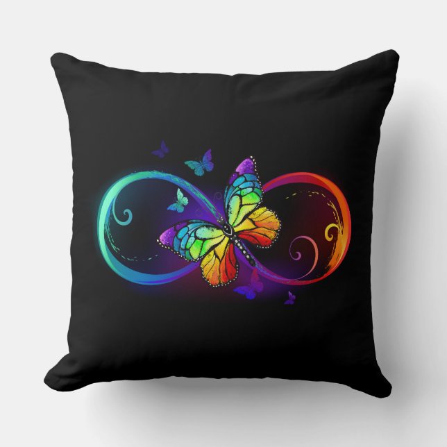 Vibrant infinity with rainbow butterfly on black throw pillow (Front)