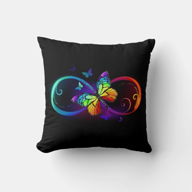 Vibrant infinity with rainbow butterfly on black throw pillow (Front)