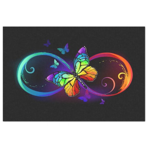 Vibrant infinity with rainbow butterfly on black tissue paper