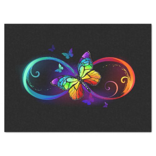 Vibrant infinity with rainbow butterfly on black tissue paper