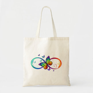 Vibrant infinity with rainbow butterfly on black tote bag