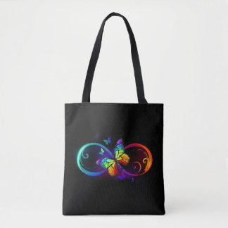 Vibrant infinity with rainbow butterfly on black tote bag