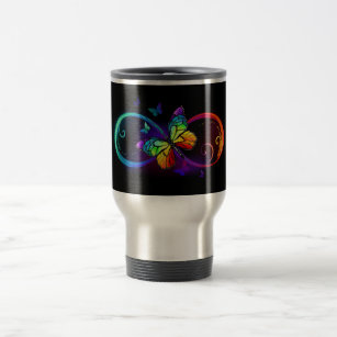 Vibrant infinity with rainbow butterfly on black travel mug