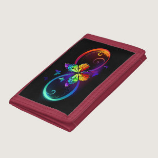 Vibrant infinity with rainbow butterfly on black trifold wallet