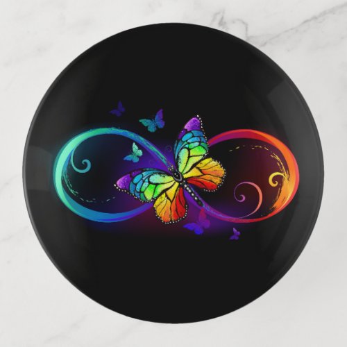 Vibrant infinity with rainbow butterfly on black trinket tray