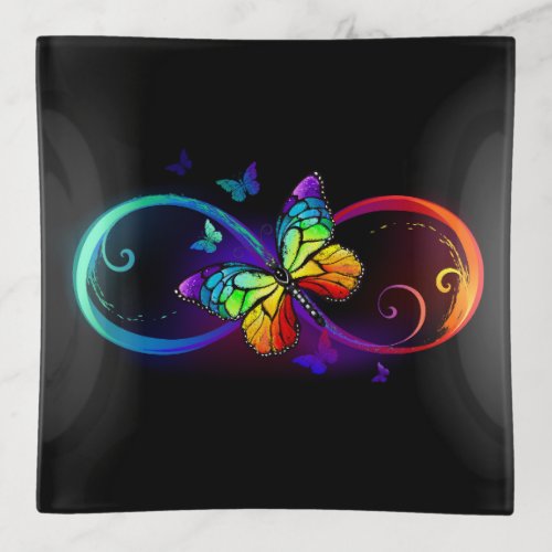 Vibrant infinity with rainbow butterfly on black trinket tray