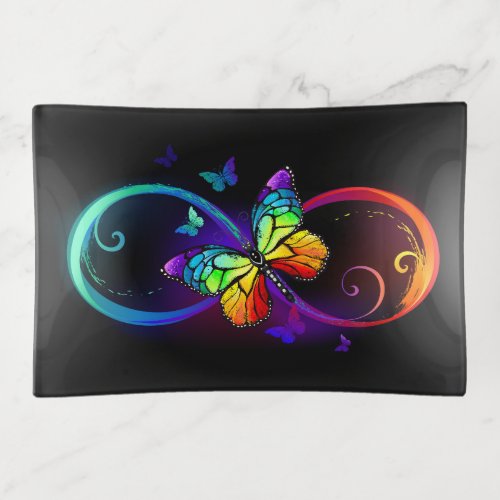 Vibrant infinity with rainbow butterfly on black trinket tray