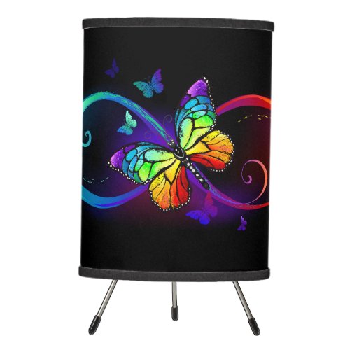 Vibrant infinity with rainbow butterfly on black tripod lamp