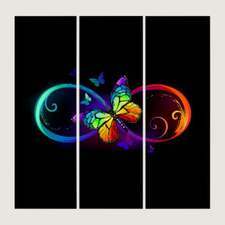 Vibrant infinity with rainbow butterfly on black triptych