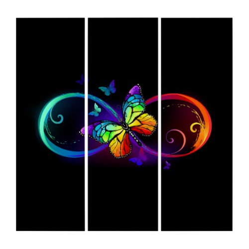 Vibrant infinity with rainbow butterfly on black triptych