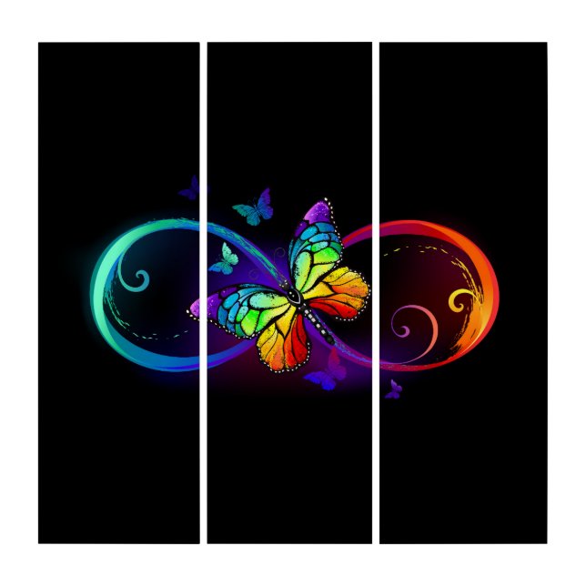 Vibrant infinity with rainbow butterfly on black triptych (Front)