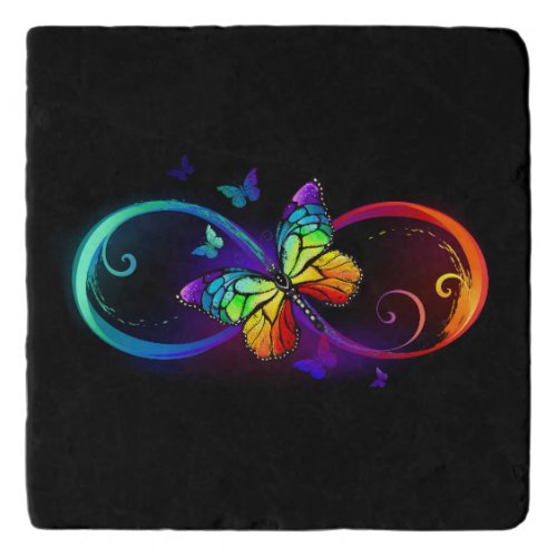 Vibrant infinity with rainbow butterfly on black trivet