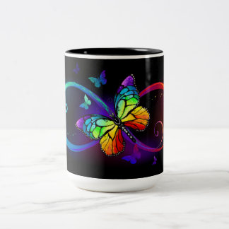 Vibrant infinity with rainbow butterfly on black Two-Tone coffee mug