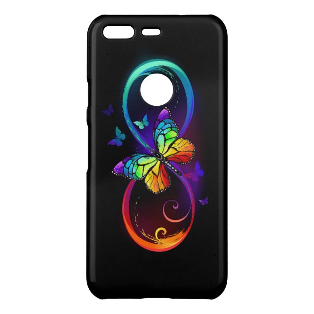 Vibrant infinity with rainbow butterfly on black uncommon google pixel case (Back)