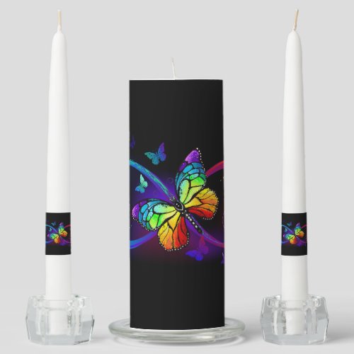 Vibrant infinity with rainbow butterfly on black  unity candle set