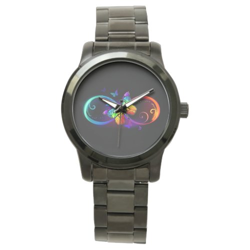 Vibrant infinity with rainbow butterfly on black watch