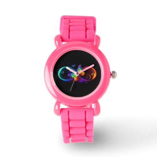 Vibrant infinity with rainbow butterfly on black watch