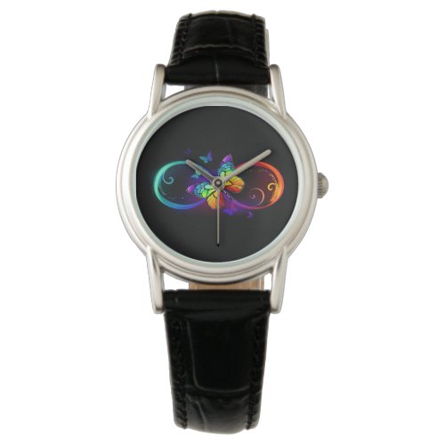 Vibrant infinity with rainbow butterfly on black watch