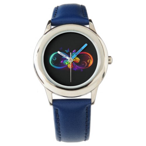 Vibrant infinity with rainbow butterfly on black watch