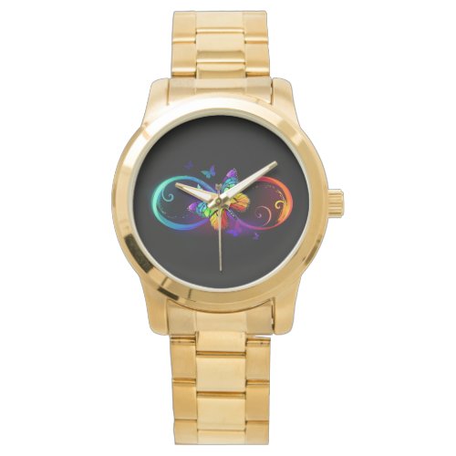 Vibrant infinity with rainbow butterfly on black watch