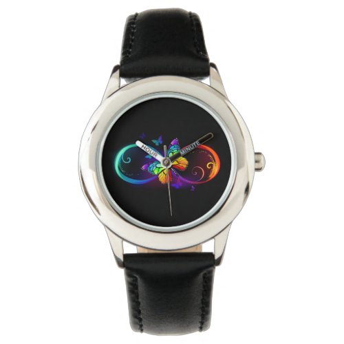 Vibrant infinity with rainbow butterfly on black watch