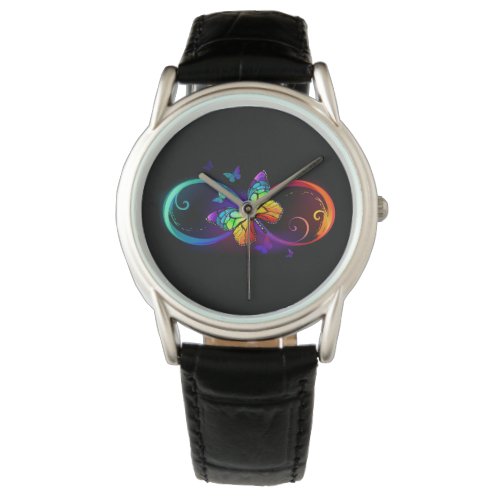 Vibrant infinity with rainbow butterfly on black watch