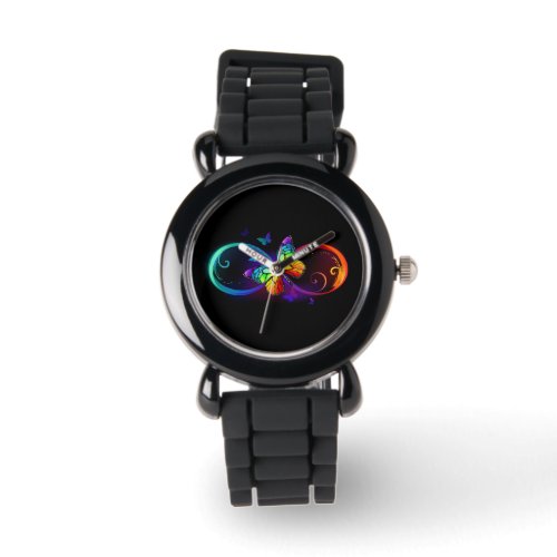 Vibrant infinity with rainbow butterfly on black watch