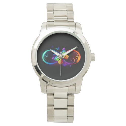 Vibrant infinity with rainbow butterfly on black watch