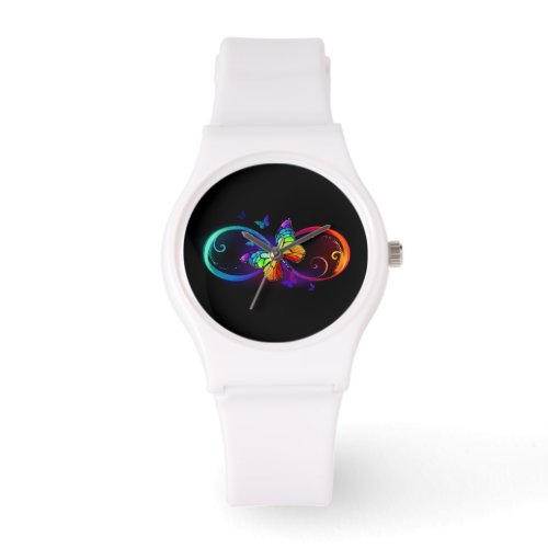 Vibrant infinity with rainbow butterfly on black watch