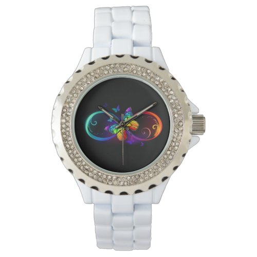 Vibrant infinity with rainbow butterfly on black watch