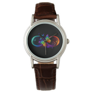 Vibrant infinity with rainbow butterfly on black  watch