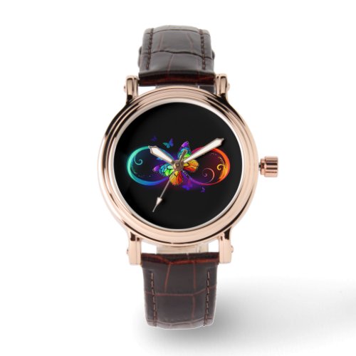 Vibrant infinity with rainbow butterfly on black watch