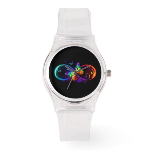 Vibrant infinity with rainbow butterfly on black watch