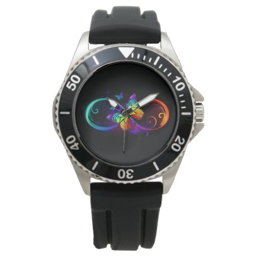 Vibrant infinity with rainbow butterfly on black watch