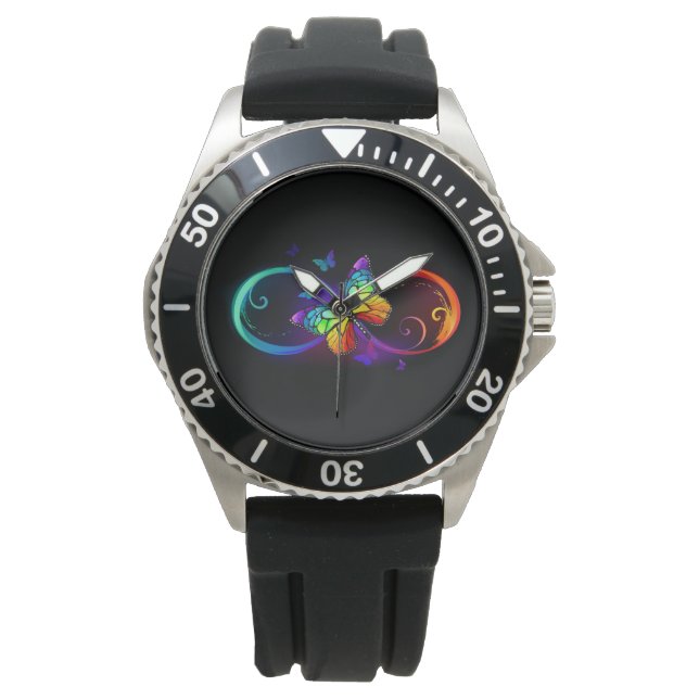 Vibrant infinity with rainbow butterfly on black watch (Front)