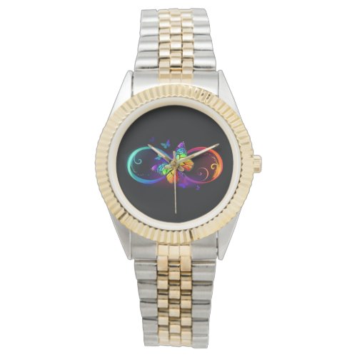 Vibrant infinity with rainbow butterfly on black  watch